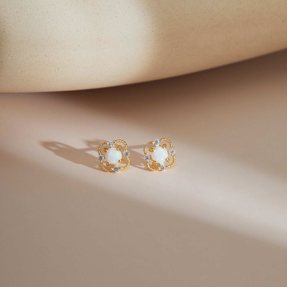 Floral Opal Sterling Silver Stud Earrings - Picture 2 of 7